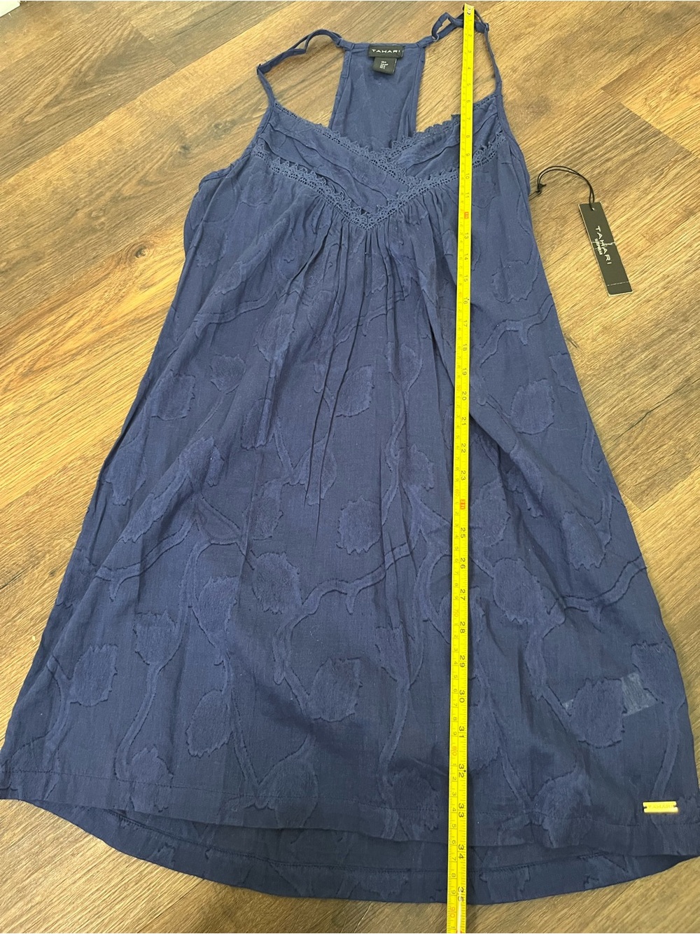 Tahari Navy 100% Cotton Navy Blue Textured Chemise Slip Dress with Lace Trim - Picture 7 of 9